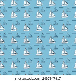 White sailboats on a seamless pattern. Drawing in sketch style on a blue background. Textile print