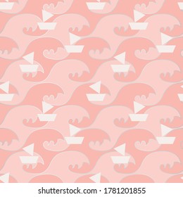 White sailboats regatta on pink ocean seamless vector pattern. Decorative recreation themed surface print design for fabrics, stationery, textiles, backgrounds, gift wrap, scrapbooking, and packaging.