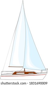 White sailing boat with red stripe on its side. Isolated on white background.