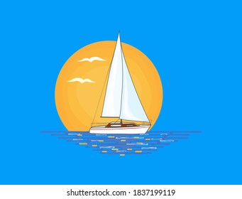 White sailing boat with red stripe on its side set on water surface. Orange sun and flying birds in the background.  Illustration. 