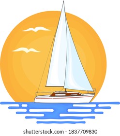 White sailing boat with red stripe on its side set on water surface. Orange sun and flying birds in the background.  Illustration isolated on white background.