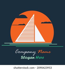 barco de vela blanco y nubes en el medio del diseño de la ilustración vectorial del logotipo del mar