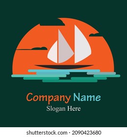 barco de vela blanco en el mar al atardecer logo gráfico vectorial diseño