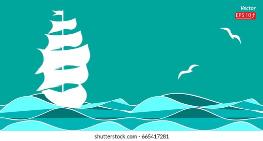 White Sailing ship, sailboat silhouetted in a sea, ocean and birds on green  background, vector illustration