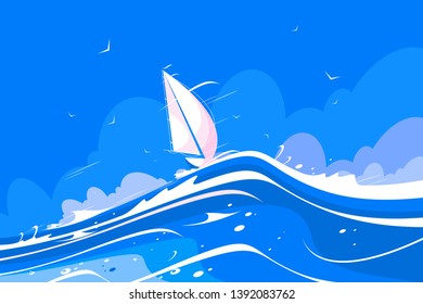 White Sailing Yacht Vector Illustration. Pleasure Boat Floating On Sea Waves Flat Style Concept. Nautical Worldwide Yachting Or Travelling Promotion. Blue Sky On Background