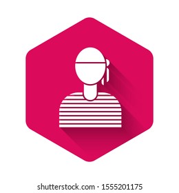 White Sailor captain icon isolated with long shadow. Pink hexagon button. Vector Illustration