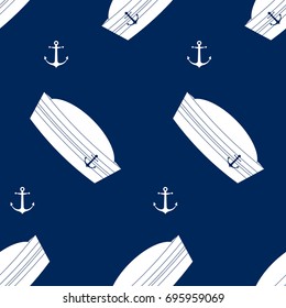 White sailor hat with anchor on dark blue background. Seamless pattern vector illustration.