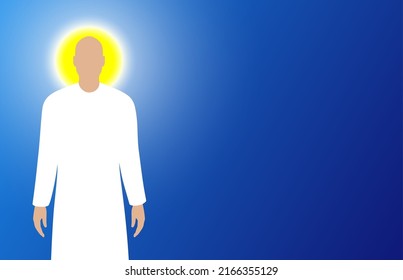 White saint man with a round yellow halo standing on a blue horizontal background with copy space, vector illustration.