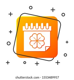 White Saint Patricks day with calendar icon isolated on white background. Four leaf clover symbol. Date 17 March. Orange square button. Vector Illustration