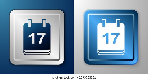 White Saint Patricks day with calendar icon isolated on blue and grey background. Date 17 March. Silver and blue square button. Vector