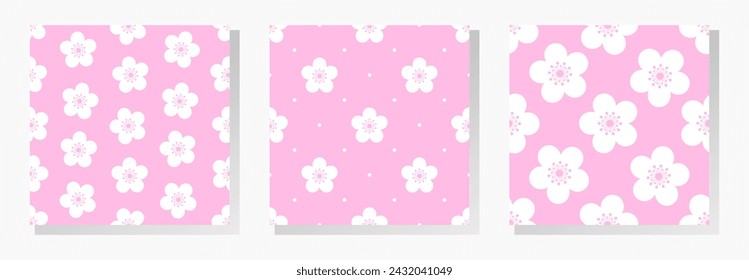 White sakura flowers on pink background. Floral vector seamless patterns collection. Best for textile, wallpapers, wrapping paper, package and your design.