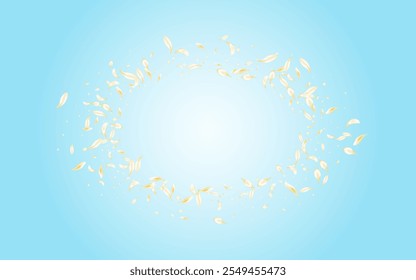 White Sakura Fly Vector Blue Background. Gold Summer Blossom Poster. Delicate Cherry Japanese Banner. Yellow Flower Blur Wallpaper. Spring Rose Frame.