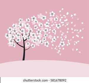 white sakura tree blossom on pink rosy background. elegant naive spring floral design element for invitation, card, poster, greetings, wedding.