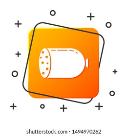 White Salami sausage icon isolated on white background. Meat delicatessen product. Orange square button. Vector Illustration