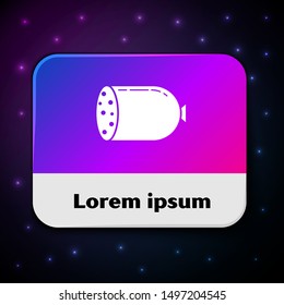 White Salami sausage icon isolated on black background. Meat delicatessen product. Rectangle color button. Vector Illustration
