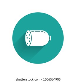 White Salami sausage icon isolated with long shadow. Meat delicatessen product. Green circle button. Vector Illustration