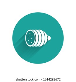 White Salami sausage icon isolated with long shadow. Meat delicatessen product. Green circle button. Vector Illustration