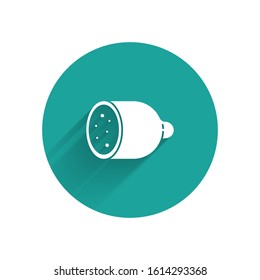 White Salami sausage icon isolated with long shadow. Meat delicatessen product. Green circle button. Vector Illustration