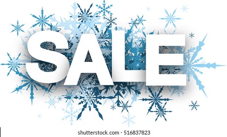 White sale background with blue snowflakes. Vector illustration.