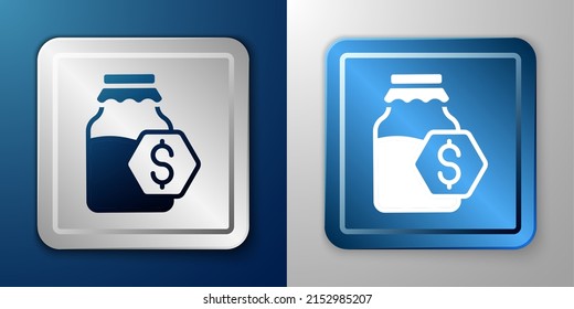 White Sale in jar of honey icon isolated on blue and grey background. Food bank. Sweet natural food symbol. Silver and blue square button. Vector