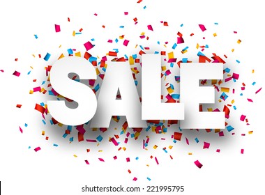 White sale sign over confetti background. Vector holiday illustration. 