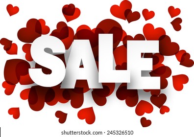 White sale sign over red hearts background. Vector holiday illustration.  