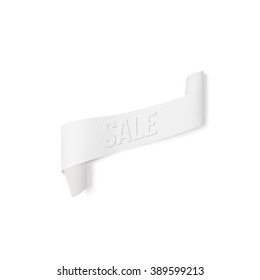 White sale sign, paper banner, vector ribbon with shadow isolated on white.