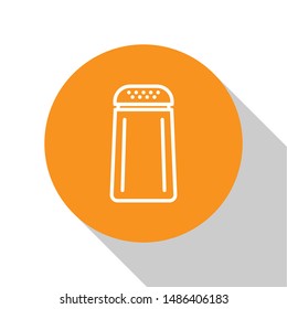 White Salt and pepper icon isolated on white background. Cooking spices. Orange circle button. Vector Illustration