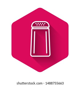 White Salt and pepper icon isolated with long shadow. Cooking spices. Pink hexagon button. Vector Illustration