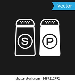 White Salt and pepper icon isolated on black background. Cooking spices.  Vector Illustration