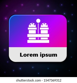 White Salt and pepper icon isolated on black background. Cooking spices. Rectangle color button. Vector Illustration