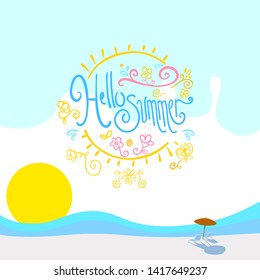 white sand beach and empty sun beds. minimalist poster. hello summer handmade typography. 