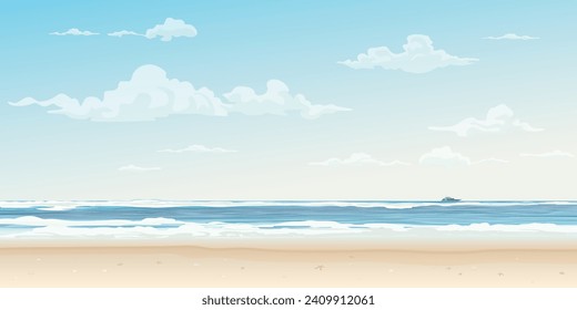 White sand beach and tropical blue sea vector illustration. Summer concept flat design have blank space.