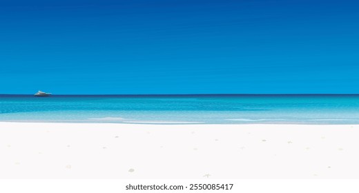 White sand beach and tropical blue sea have blue sky background graphic illustration. Traveling in summer concept have blank space.