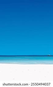 White sand beach and tropical blue sea have blue sky vertical background graphic illustration. Traveling in summer concept have blank space.