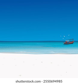 Praia de areia branca e mar azul tropical com barco de pesca seguido por gaivotas têm azul céu quadrado fundo ilustração gráfica. Viajar no conceito de verão têm espaço em branco.