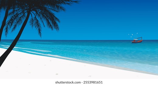 White sand beach at tropical blue sea with silhouette plam tree and fishing boat followed by seagulls have blue sky background graphic illustration. Traveling in summer concept have blank space.