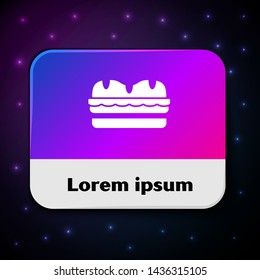 White Sandwich icon isolated on black background. Hamburger icon. Burger food symbol. Cheeseburger sandwich sign. Street fast food menu. Rectangle color button. Vector Illustration