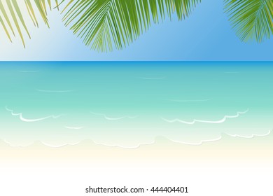 White sandy beach with crystal clear blue sea and palm tree leaves vector illustration