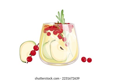 Sangría blanca con arándanos y manzanas.cóctel navideño.Ilustración vectorial.