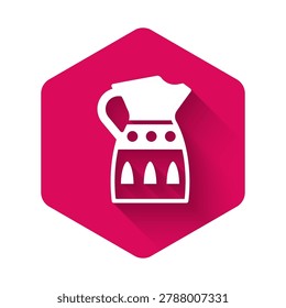White Sangria pitcher icon isolated with long shadow. Traditional spanish drink. Pink hexagon button. Vector