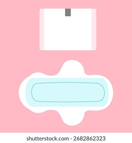 White sanitary pad and packaged pad, used to absorb menstrual blood during periods, flat art design style.
