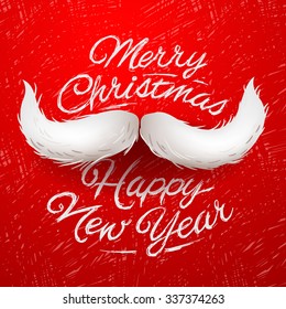 White Santa's moustache, Merry Christmas and Happy New Year card design, vector illustration.