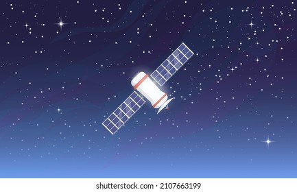 White satellite flying in space orbit around a planet. Space communication and data transfer concept. Solar panels and radio dish on satellite. Starry sky with galaxy and atmospheric dimm. 