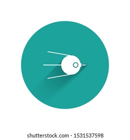 White Satellite icon isolated with long shadow. Green circle button. Vector Illustration