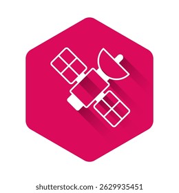 White Satellite icon isolated with long shadow background. Pink hexagon button. Vector