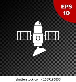 White Satellite icon isolated on transparent dark background.  Vector Illustration