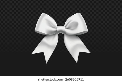 White satin bow vector with realistic shiny fabric on a dark checkered transparent background. 3D bow, perfect for gift decorations, elegant designs, or festive ribbons with an isolated, polished look