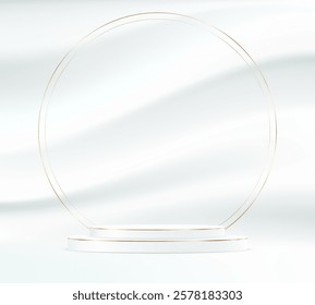White satin smooth fabric background vector 3d with podium.Red satin smooth fabric background space for selling products, backdrop, wallpaper, background, text. Vector illustration.