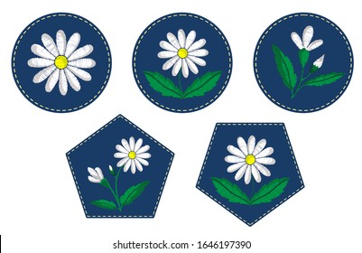 White satin stitch daisies embroidered on blue emblems